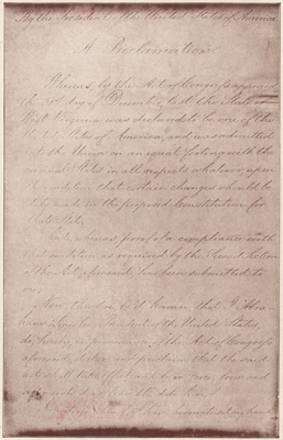 PRESIDENT LINCOLN'S PROCLAMATION ADMITTING WEST VIRGINIA INTO THE UNION